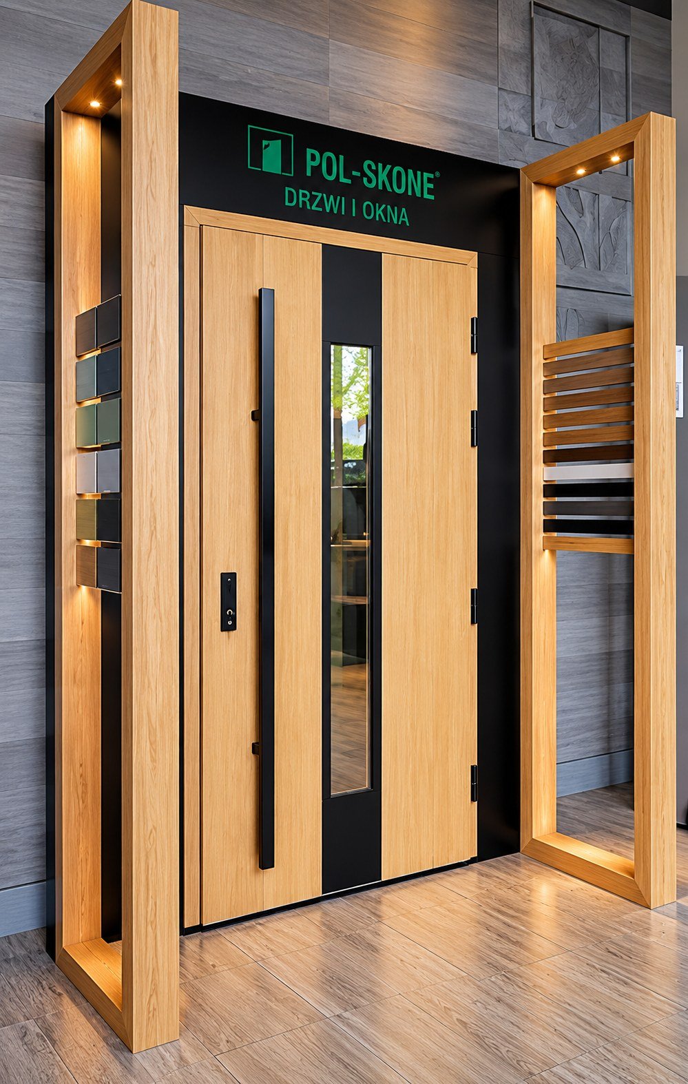 Porte d’entrée POL-SKONE exposée dans un showroom