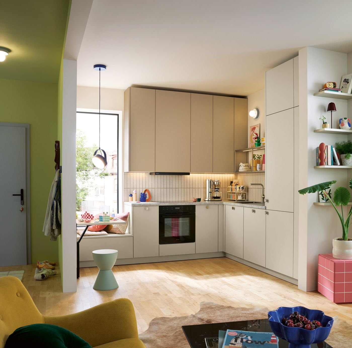 Cuisine SCHÜLLER Sora 2027 caramel et beige amande, cuisine en L